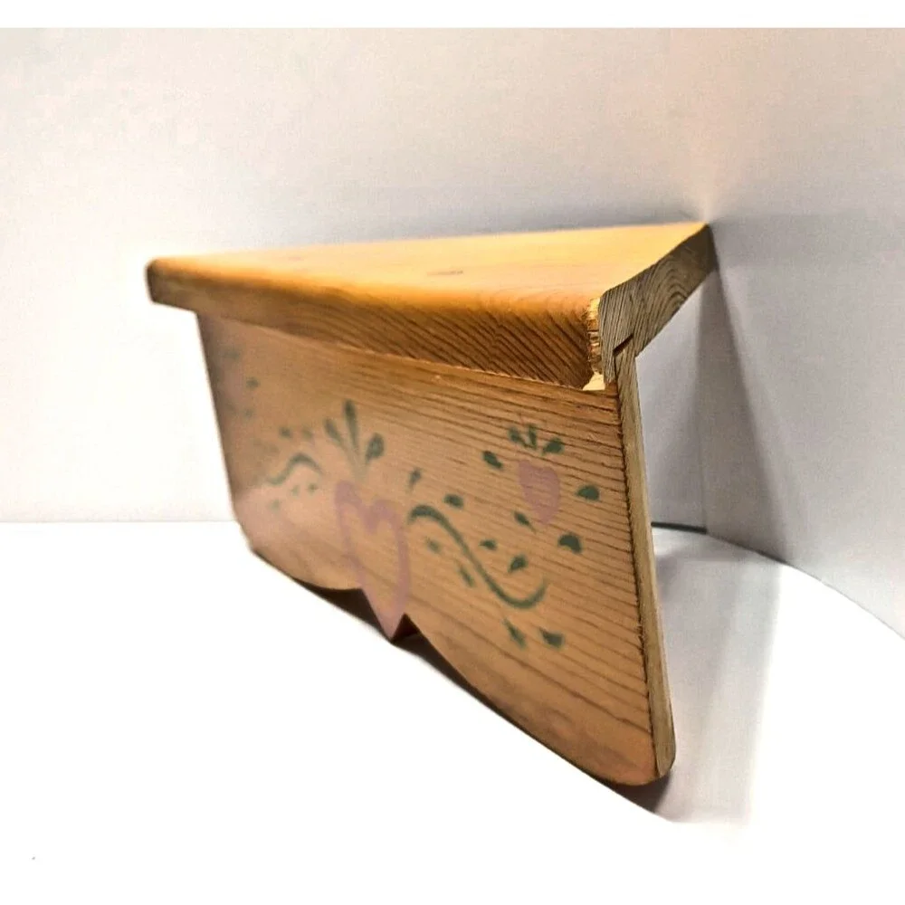 Honey Oak Corner Tabletop Shelf, Handmade, Painted Hearts, VTG Farmhouse Grandma